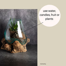 Load image into Gallery viewer, Large Molten Glass Bowl on a Rustic Wooden Stand
