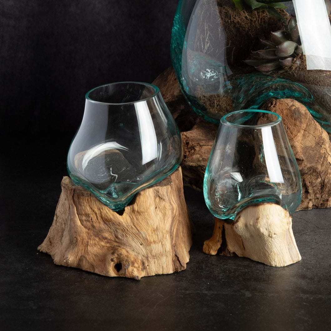 Molten Glass Bowl on a Rustic Wooden Stand