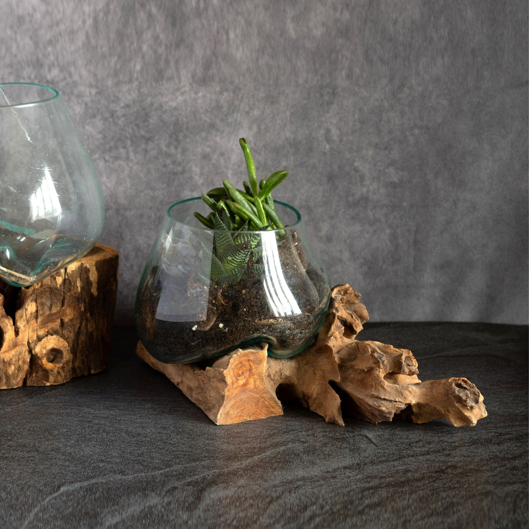 Melted Glass Bowl on a Rustic Wooden Stand