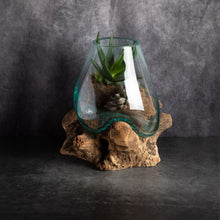 Load image into Gallery viewer, Large Molten Glass Bowl on a Rustic Wooden Stand
